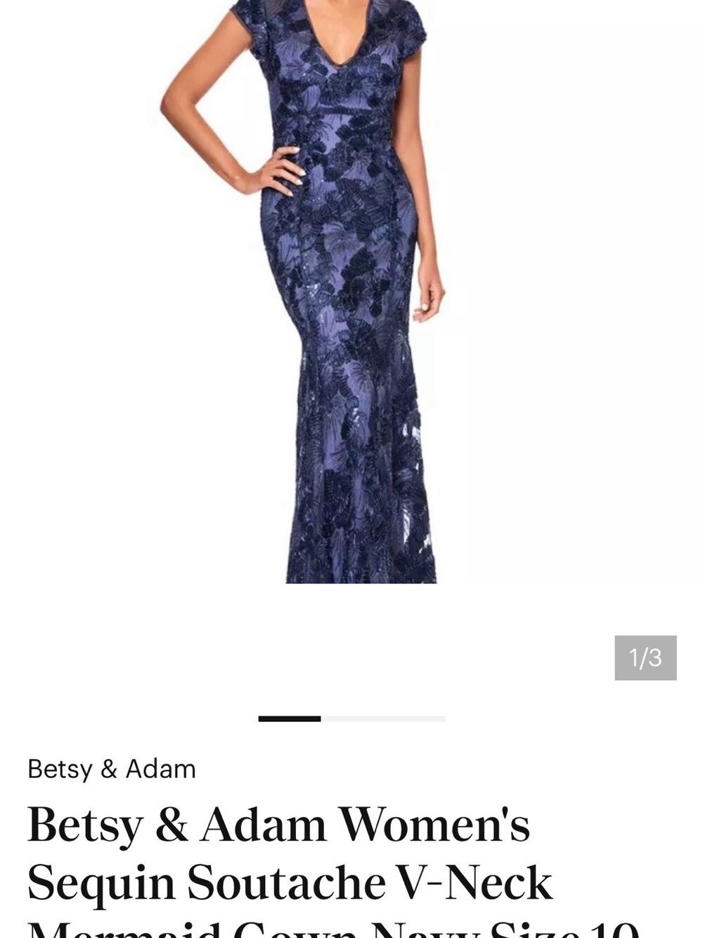 Betsy & Adam Navy Sequin Soutache V-Neck Maxi Gown